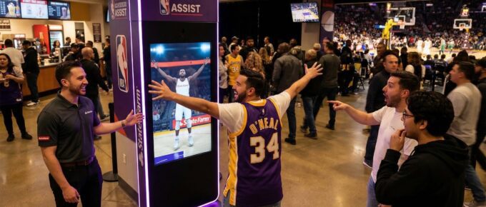 sports sponsorship activations — fans engaging with branded digital kiosk at live sports event