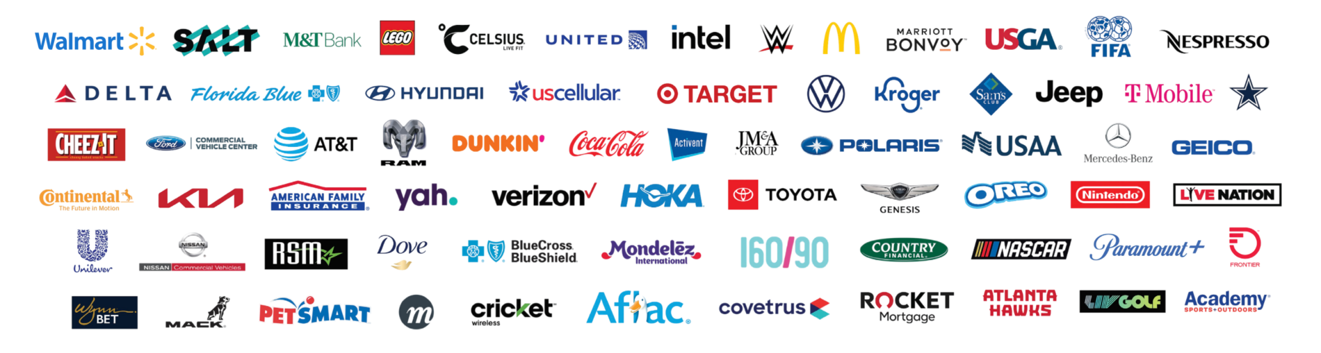 Logos of brands including Walmart, T-Mobile, McDonald’s, Intel, Coca-Cola, and other companies that have partnered with MoZeus for brand activation and experiential marketing.