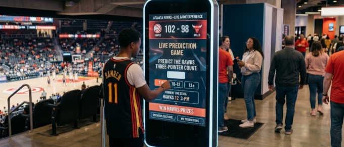 Atlanta Hawks fan using MoZeus live prediction game activation at State Farm Arena