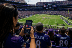 Fan using a mobile prediction game at an NFL game — experiential marketing companies for sports sponsorships powering live fan engagement at M&T Bank Stadium