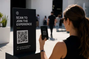 Browser-based event technology in action as an attendee scans a QR code to instantly access a mobile web experience without downloading an app at a live brand activation, illustrating frictionless experiential marketing and first-party data capture.