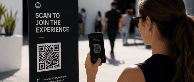 Browser-based event technology in action as an attendee scans a QR code to instantly access a mobile web experience without downloading an app at a live brand activation, illustrating frictionless experiential marketing and first-party data capture.