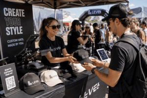Interactive custom hat activation at a live event featuring branded merchandise personalization, QR code engagement, and experiential marketing technology.