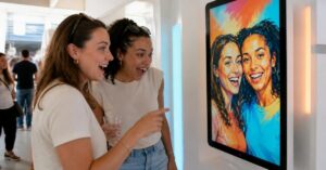 Two people using an AI photo op at a brand activation. They use experiential marketing technology to AI transform themselves
